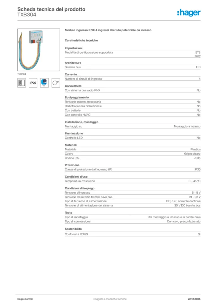 Immagine Hager Scheda tecnica del prodotto TXB304 | Hager Italia