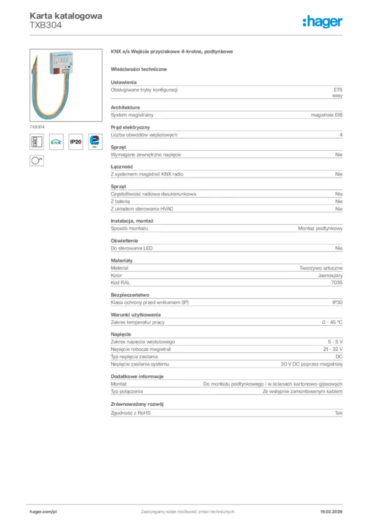 Zdjęcie Hager Karta katalogowa TXB304 | Hager Polska