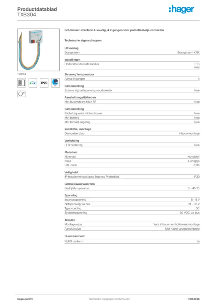 Afbeelding Hager Productdatablad TXB304 | Hager Nederland