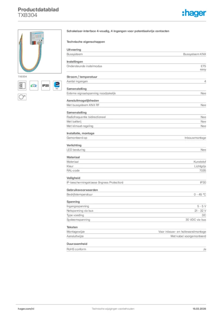 Afbeelding Hager Productdatablad TXB304 | Hager Nederland
