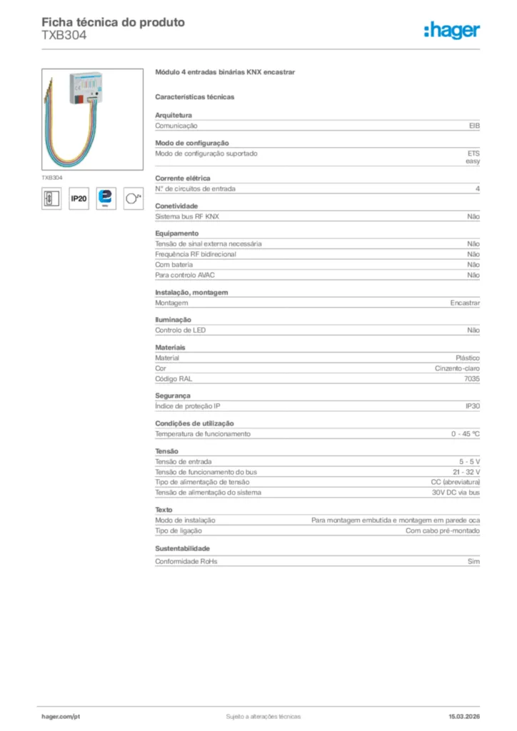 Imagem Hager Ficha técnica do produto TXB304 | Hager Portugal
