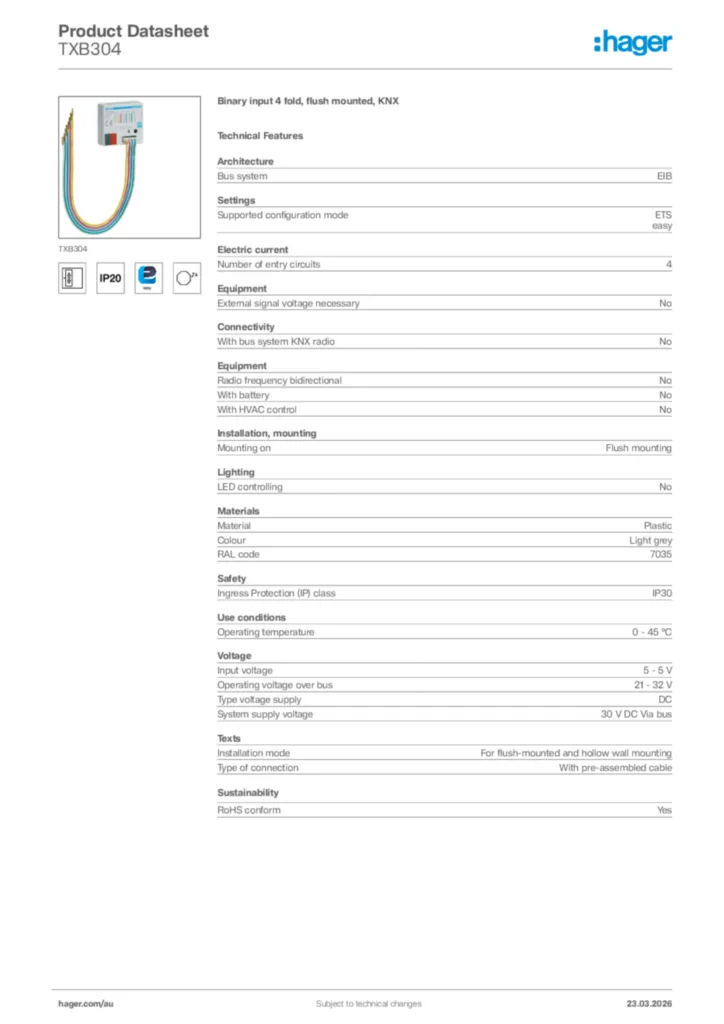 Image Hager Product data sheet TXB304  | Hager Australia