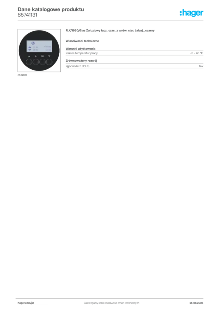 Zdjęcie Hager Dane katalogowe produktu 85741131 | Hager Polska