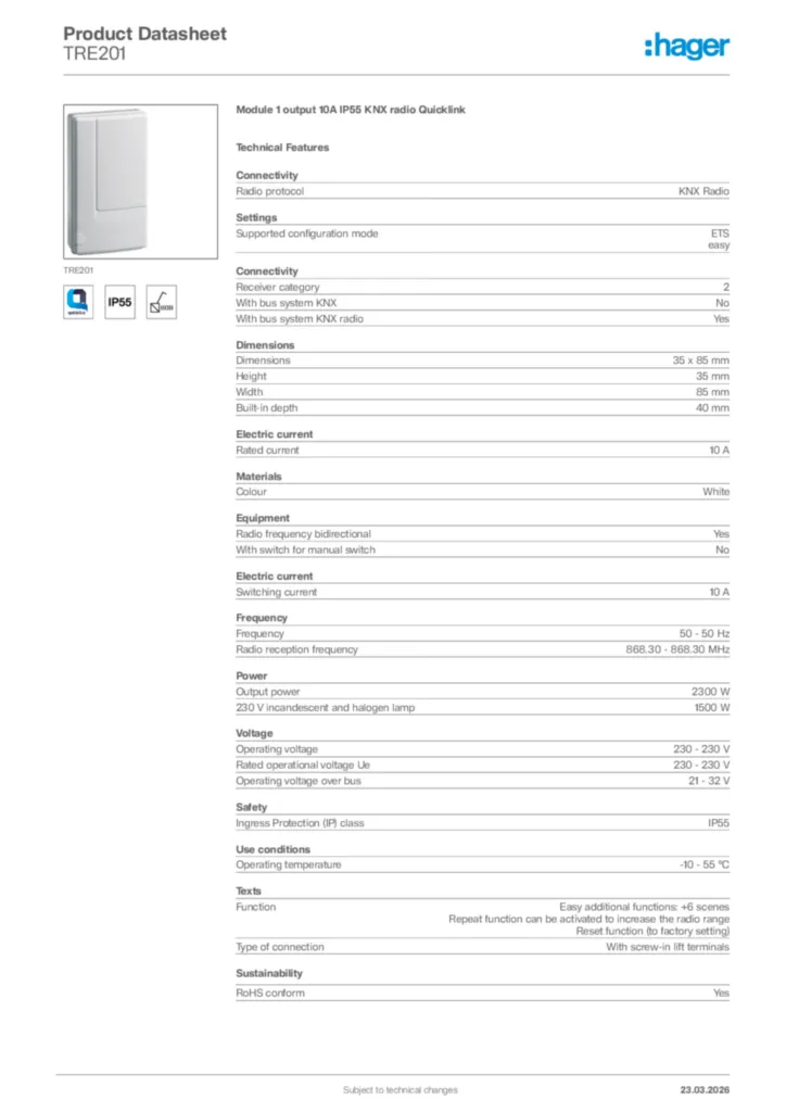 Image Hager Product data sheet TRE201  | Hager Africa