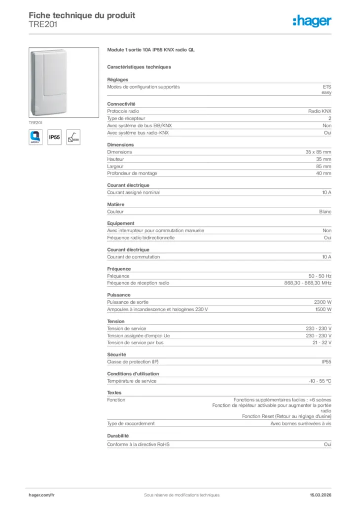 Image Hager Fiche technique du produit TRE201 | Hager France