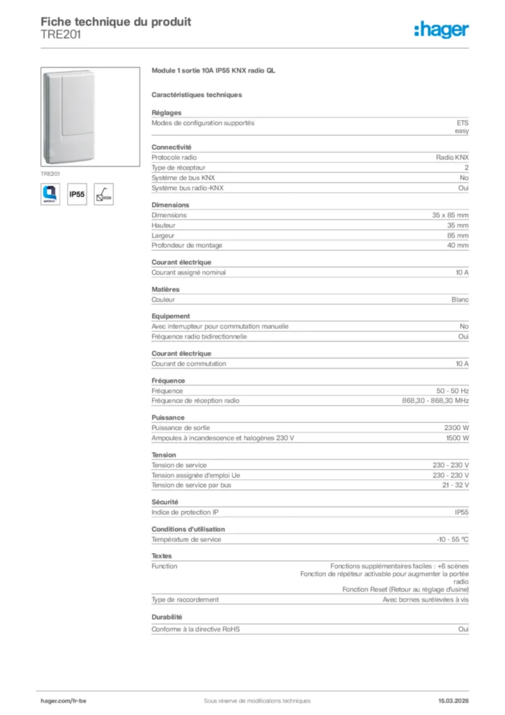 Image Hager Fiche technique du produit TRE201 | Hager Belgique