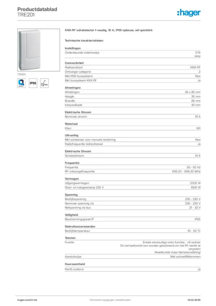 Afbeelding Hager Productdatablad TRE201 | Hager Belgium