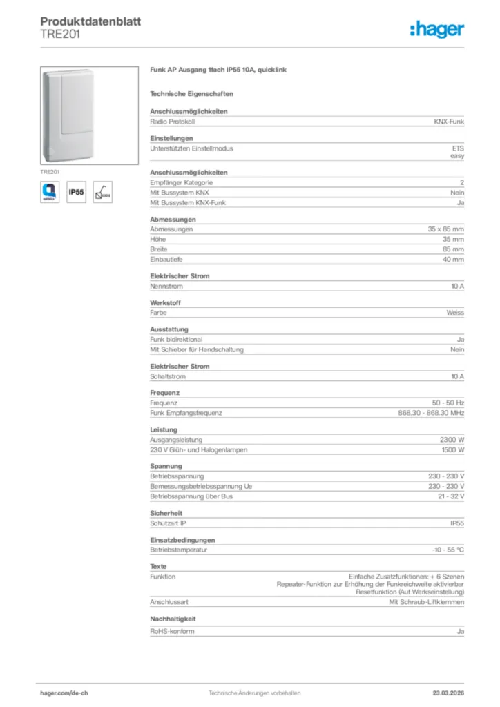 Bild Hager Produktdatenblatt TRE201 | Hager Schweiz
