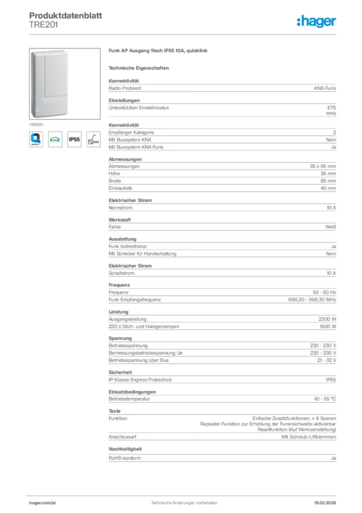Bild Hager Produktdatenblatt TRE201 | Hager Deutschland