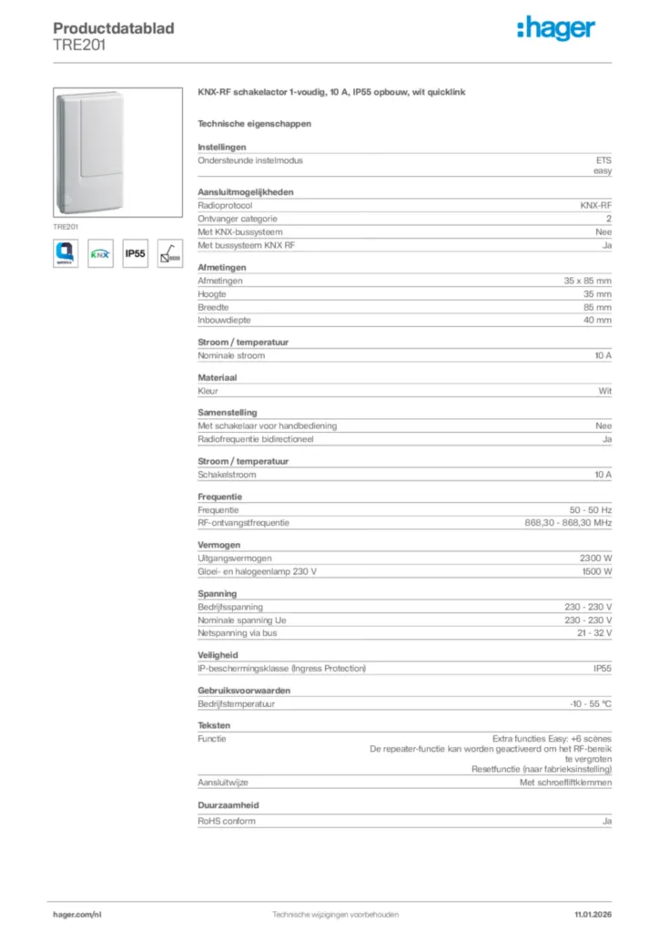 Afbeelding Hager Productdatablad TRE201 | Hager Nederland