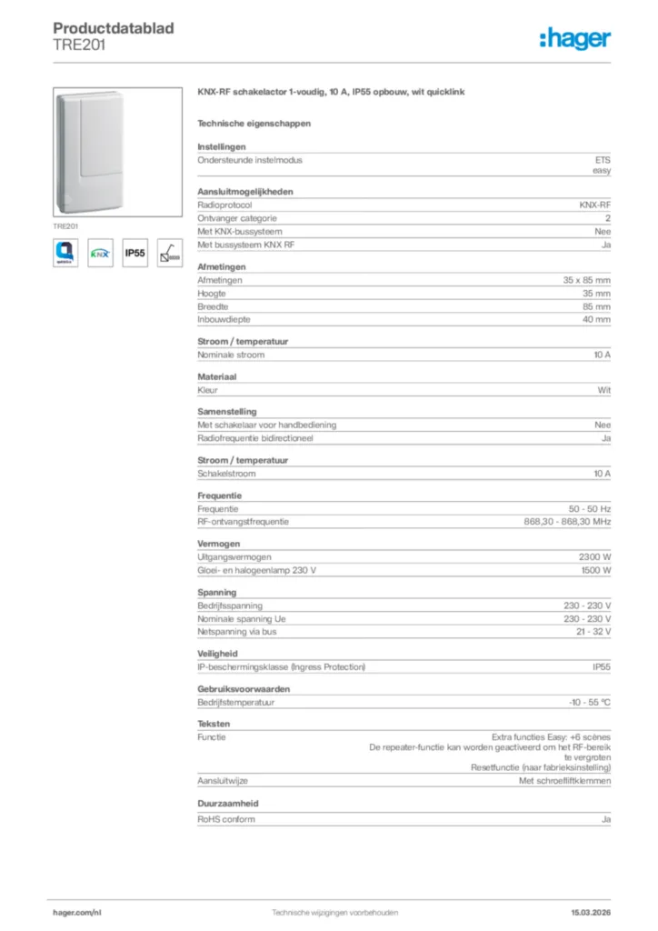Afbeelding Hager Productdatablad TRE201 | Hager Nederland