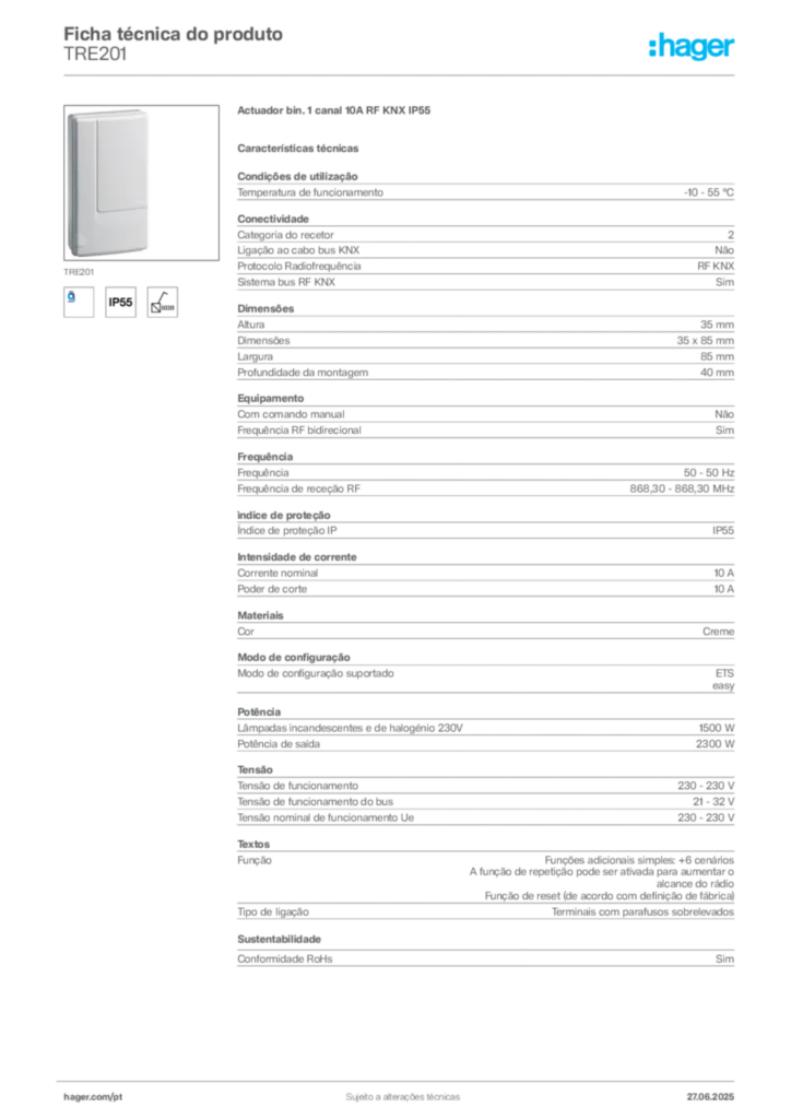 Imagem Hager Ficha técnica do produto TRE201 | Hager Portugal