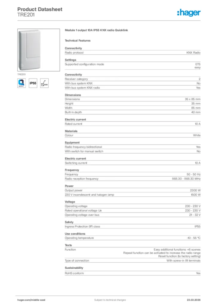 Image Hager Product data sheet TRE201  | Hager
