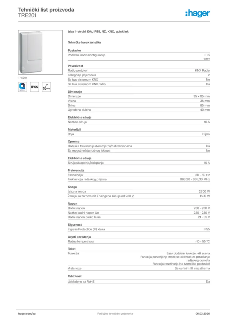 Slika Hager Tehnički list proizvoda TRE201  | Hager