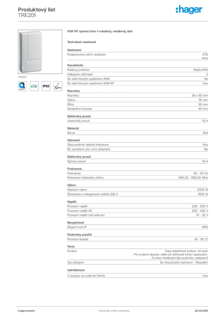 Obrázek Hager Produktový list TRE201 | Hager