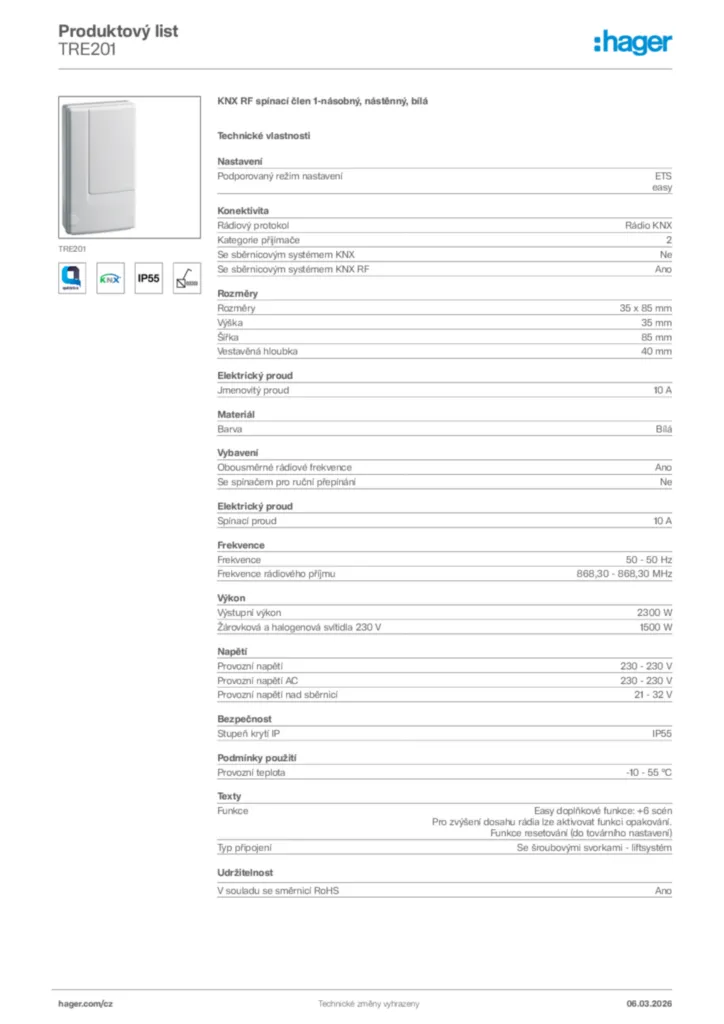Obrázek Hager Product data sheet TRE201 | Hager