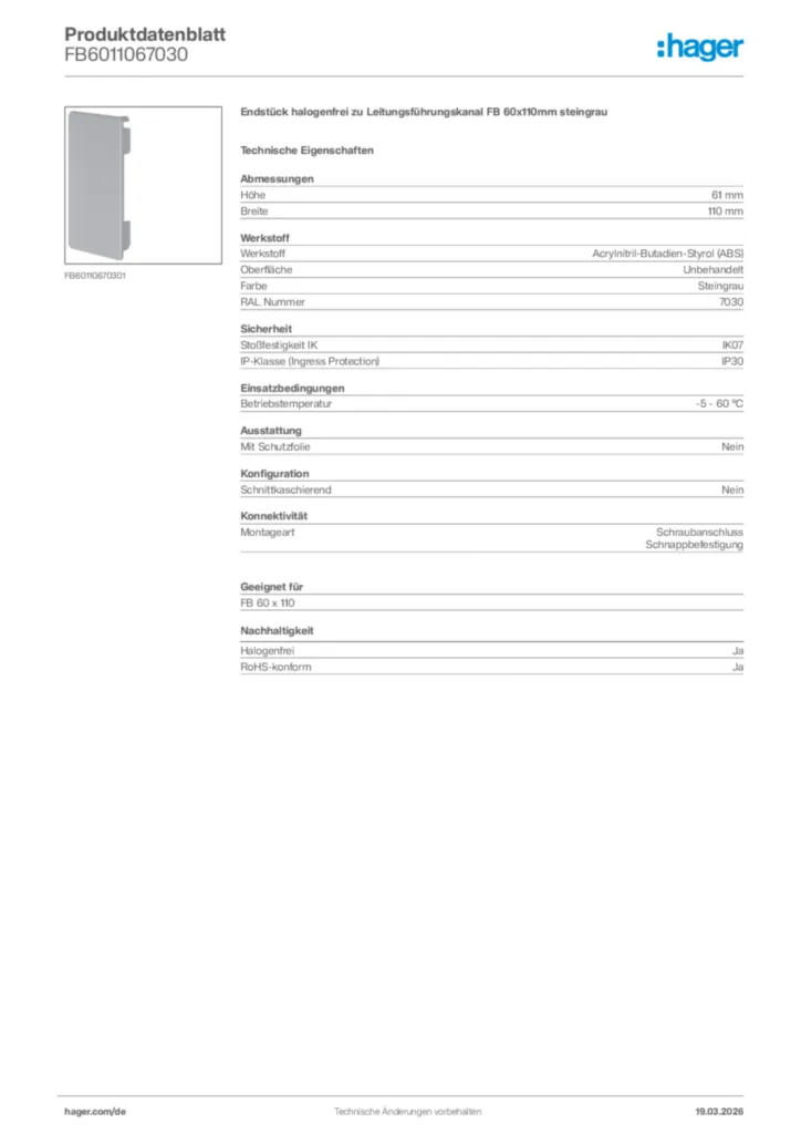 Bild Hager Produktdatenblatt FB6011067030 | Hager Deutschland