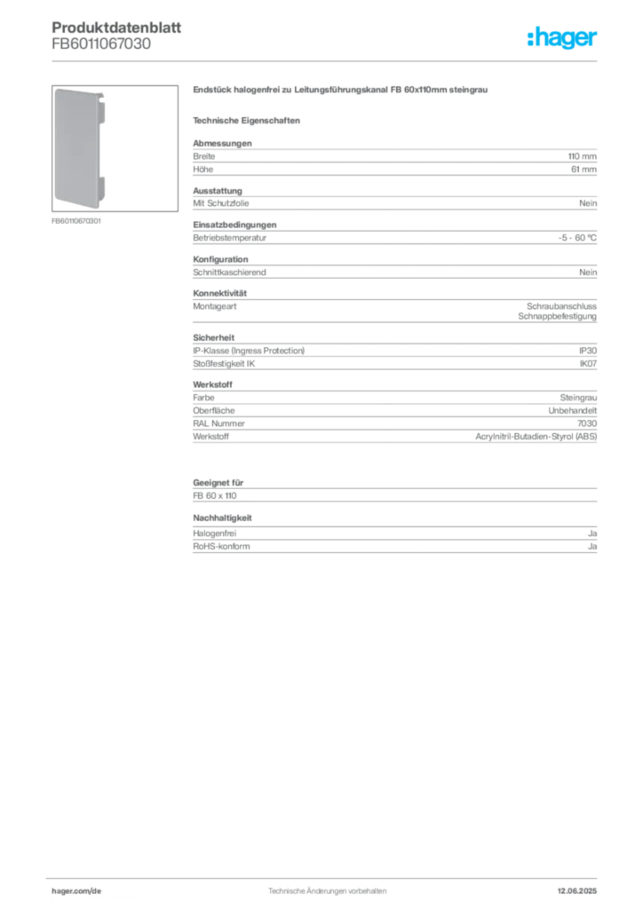 Bild Hager Produktdatenblatt FB6011067030 | Hager Deutschland