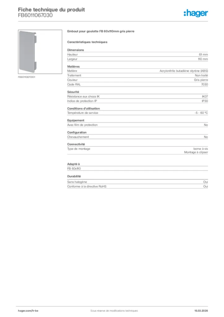 Image Hager Fiche technique du produit FB6011067030 | Hager Belgique