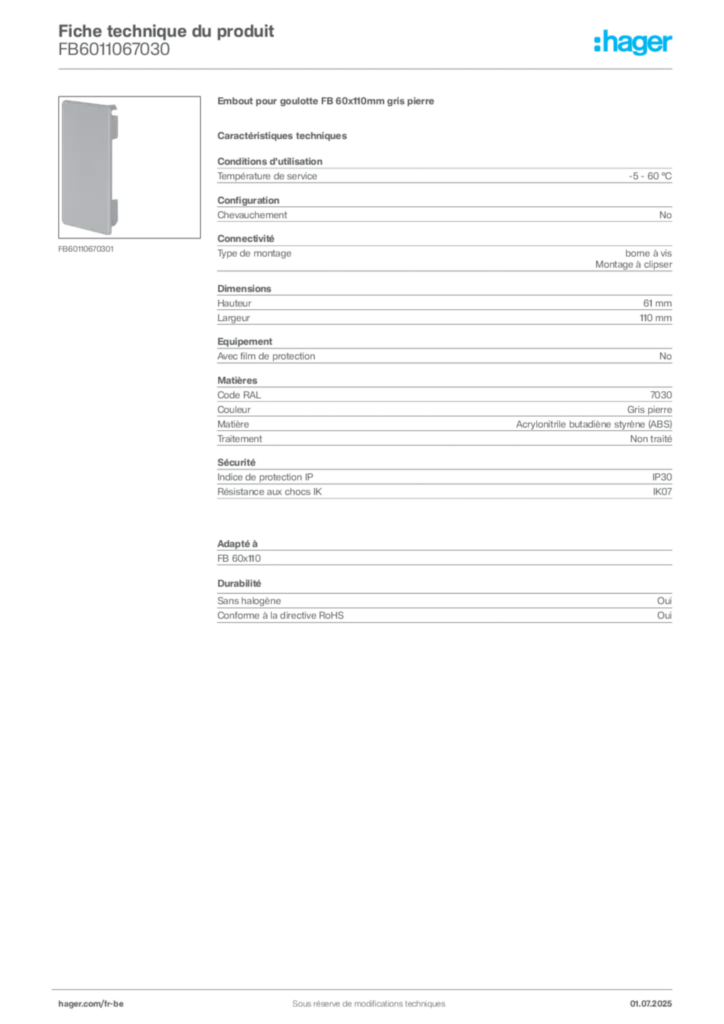 Image Hager Fiche technique du produit FB6011067030 | Hager Belgique