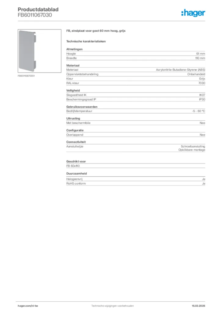 Afbeelding Hager Productdatablad FB6011067030 | Hager Belgium