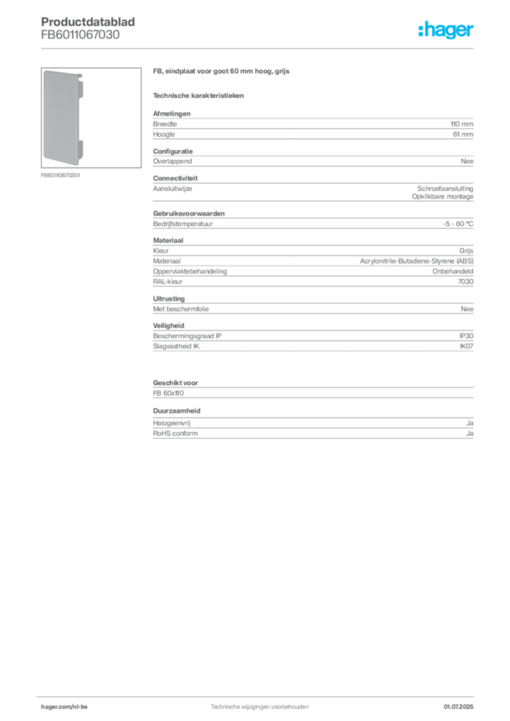 Afbeelding Hager Productdatablad FB6011067030 | Hager Belgium