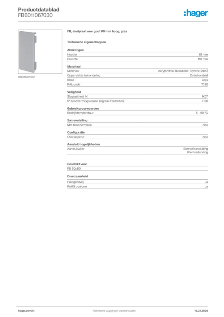 Afbeelding Hager Productdatablad FB6011067030 | Hager Nederland