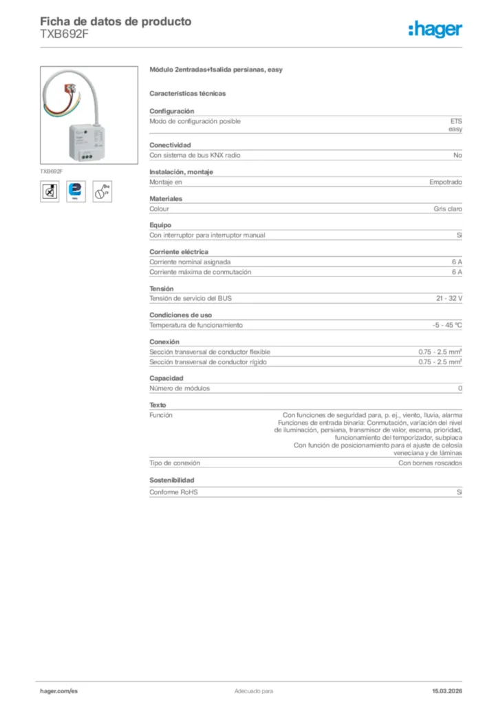 Imagen Hager Ficha de datos de producto TXB692F | Hager España