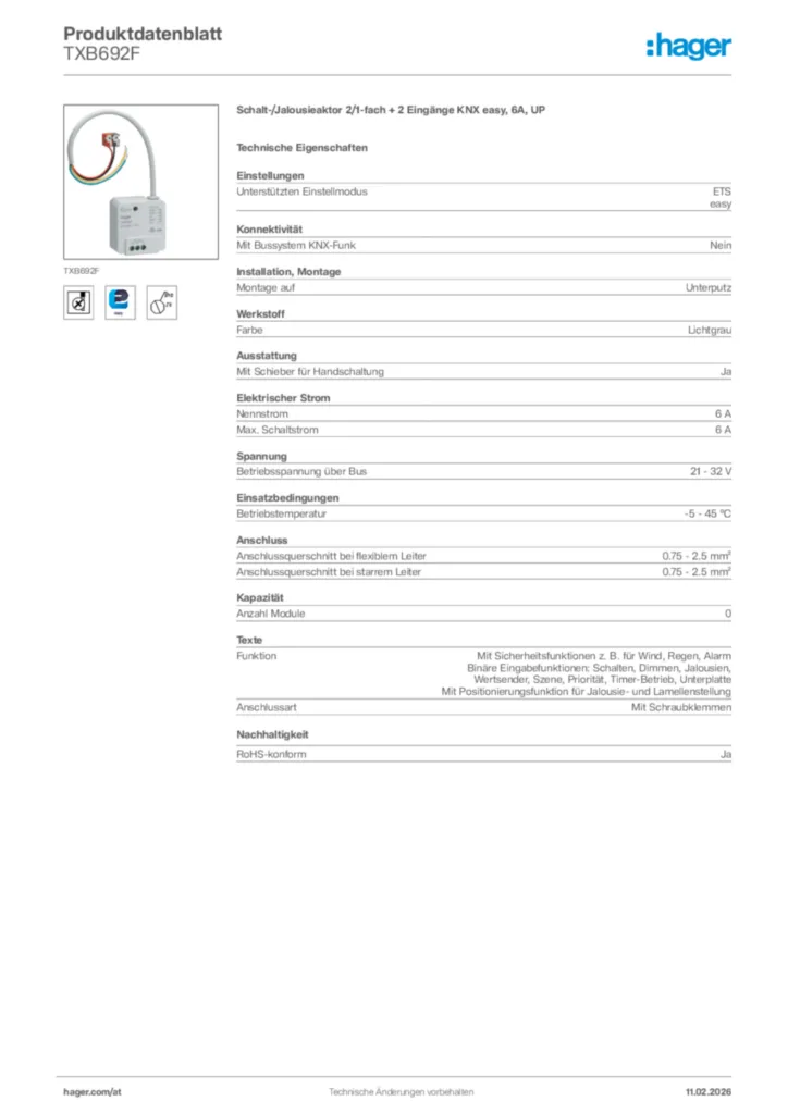 Hager TXB692F Micromodule Filaire 2 Entrées 2 Sorties 6A ON Volet Easyets Knx Filaire Hager Txb692f 3250616048881