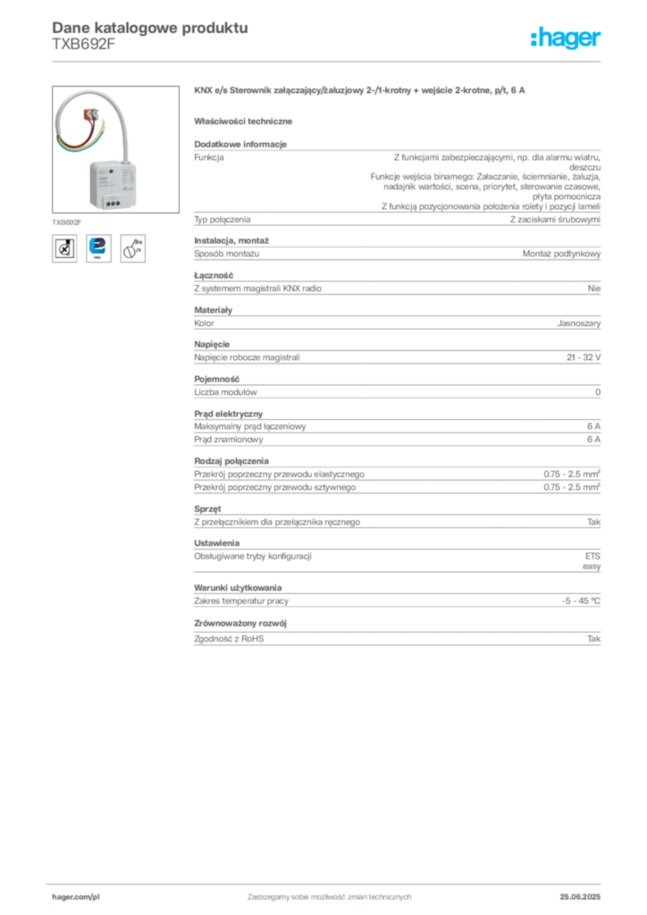 Zdjęcie Hager Dane katalogowe produktu TXB692F | Hager Polska