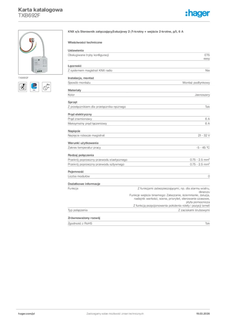 Zdjęcie Hager Karta katalogowa TXB692F | Hager Polska
