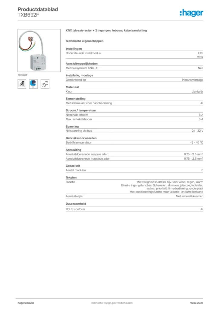 Afbeelding Hager Productdatablad TXB692F | Hager Nederland