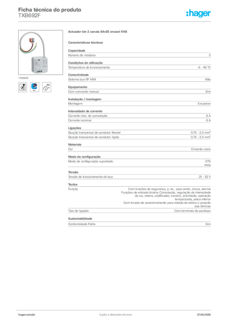 Imagem Hager Ficha técnica do produto TXB692F | Hager Portugal