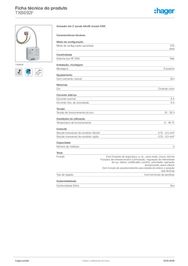 Imagem Hager Ficha técnica do produto TXB692F | Hager Portugal