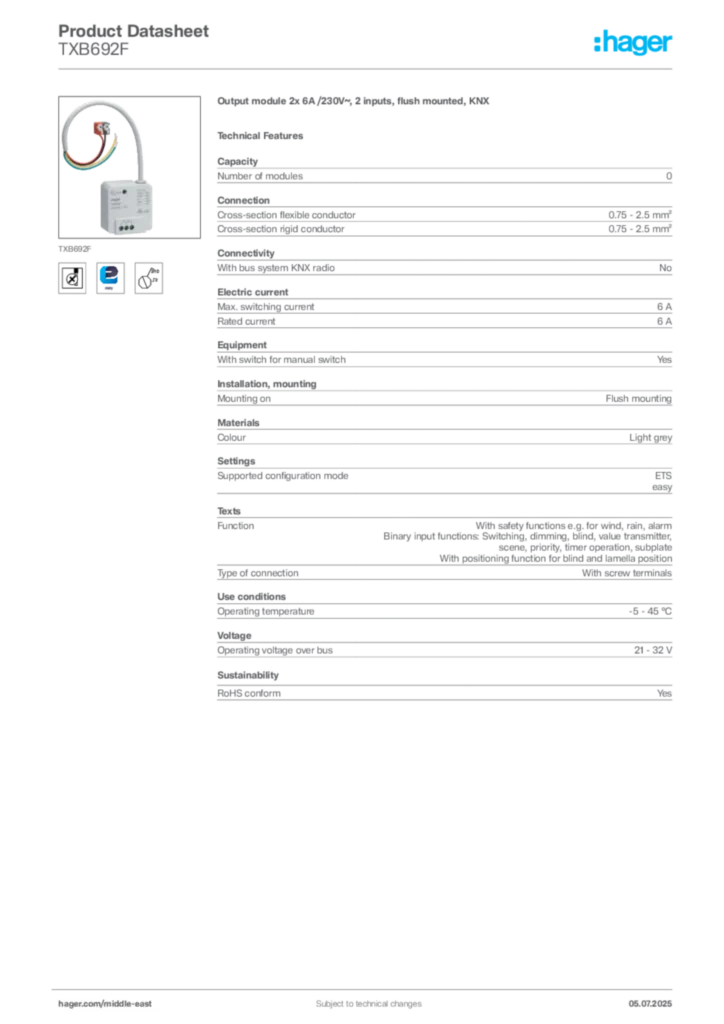 Image Hager Product data sheet TXB692F  | Hager