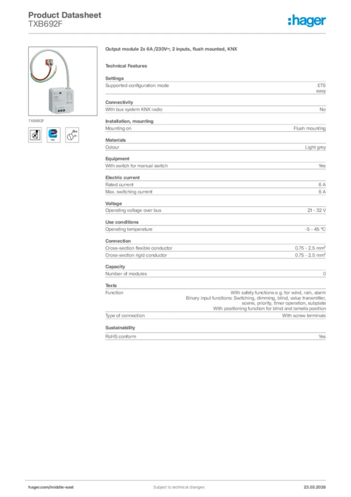 Image Hager Product data sheet TXB692F  | Hager