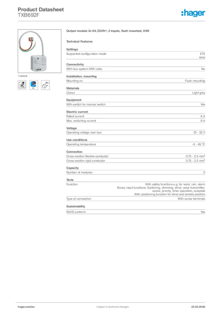 Image Hager Product data sheet TXB692F  | Hager Australia