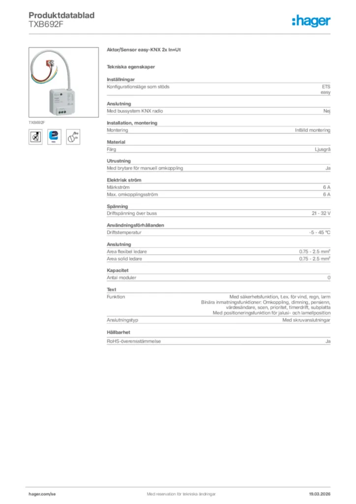Bild Hager Produktdatablad TXB692F | Hager Sverige