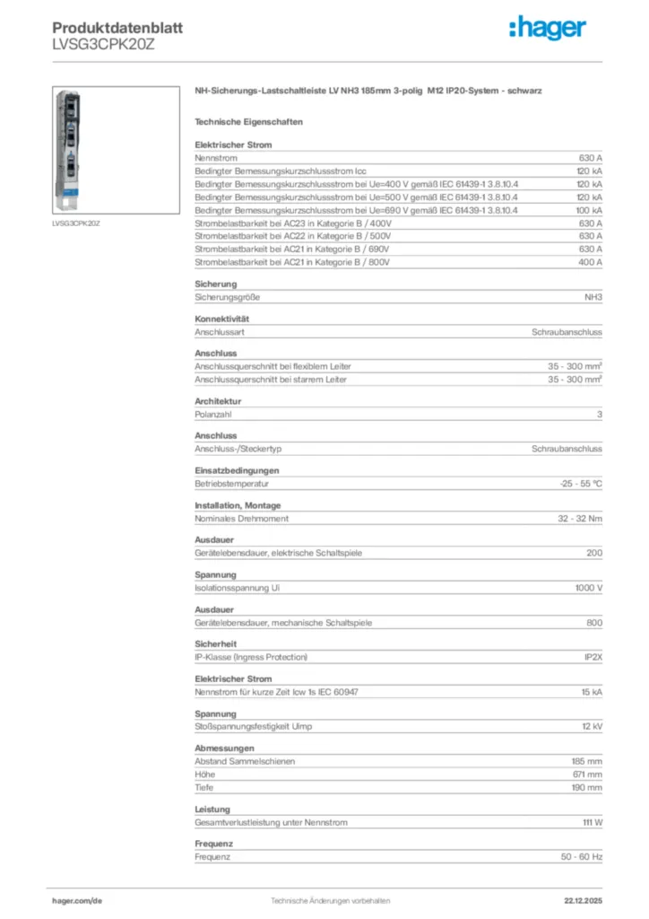 Bild Hager Produktdatenblatt LVSG3CPK20Z | Hager Deutschland