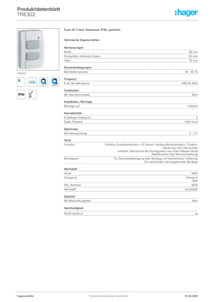 Hager Produktdatenblatt TRE302