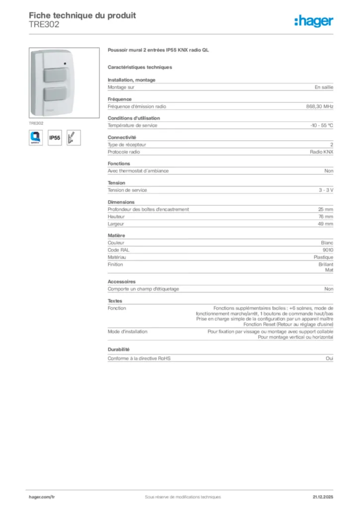 Image Hager Fiche technique du produit TRE302 | Hager France