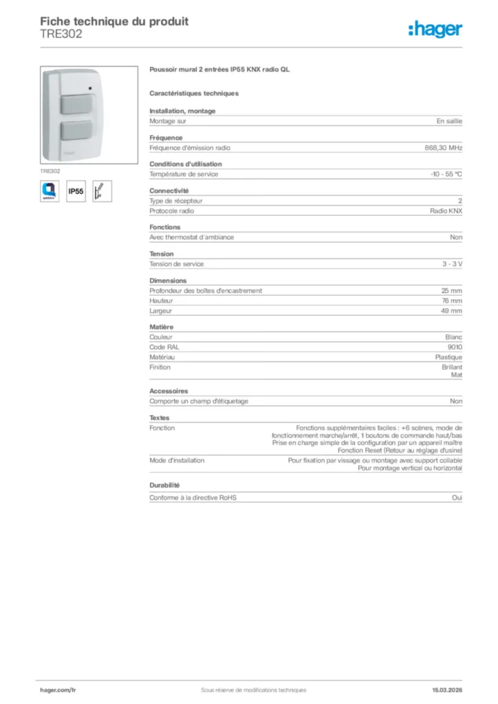 Image Hager Fiche technique du produit TRE302 | Hager France