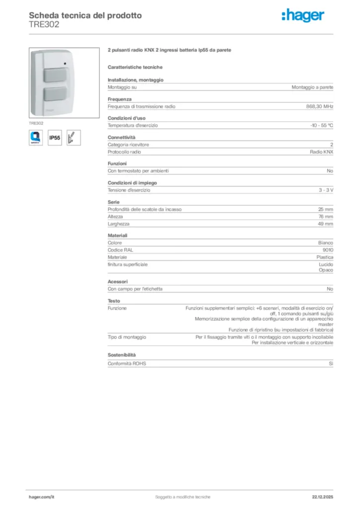 Immagine Hager Scheda tecnica del prodotto TRE302 | Hager Italia