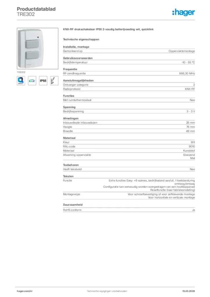 Afbeelding Hager Productdatablad TRE302 | Hager Nederland
