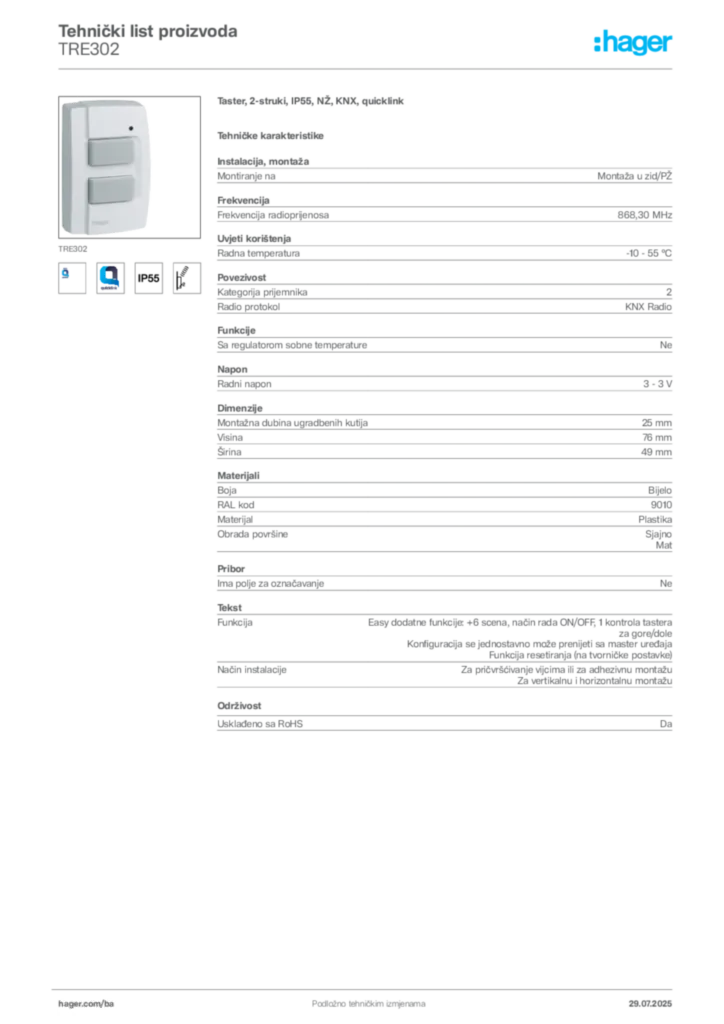 Slika Hager Product data sheet TRE302  | Hager