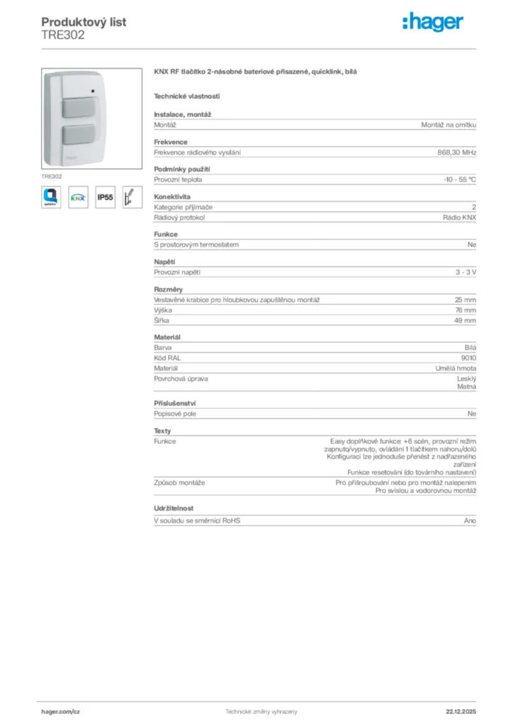 Obrázek Hager Produktový list TRE302 | Hager