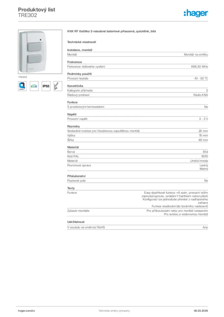 Obrázek Hager Product data sheet TRE302 | Hager