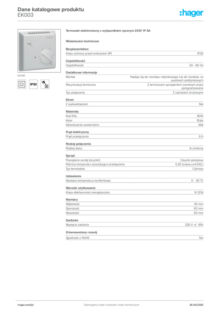 Zdjęcie Hager Dane katalogowe produktu EK003 | Hager Polska