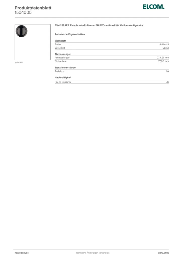 Bild Elcom Produktdatenblatt 1504005 | Hager Deutschland