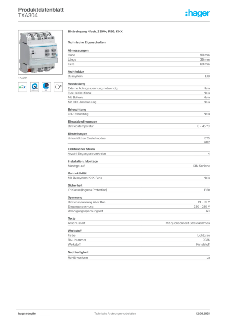 Bild Hager Produktdatenblatt TXA304 | Hager Deutschland